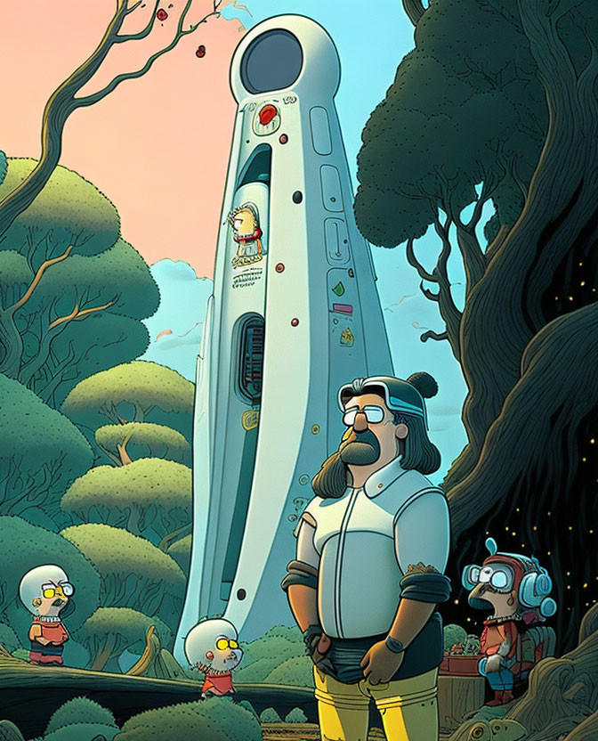 Whimsical tower illustration with cartoon characters, bearded man, and forest background