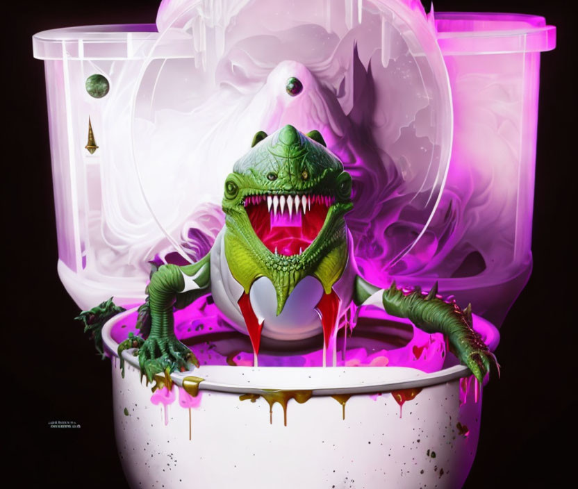 Green reptilian creature emerging from white bowl with pink liquid against dark background