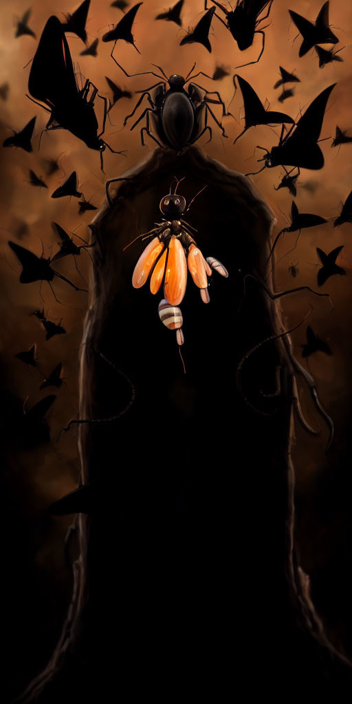 Ant with pumpkin lantern and bats in spooky Halloween scene