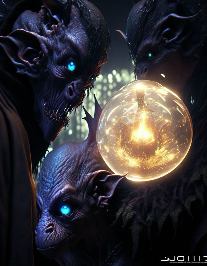 Mystical creatures with glowing blue eyes and horned heads around luminous orb