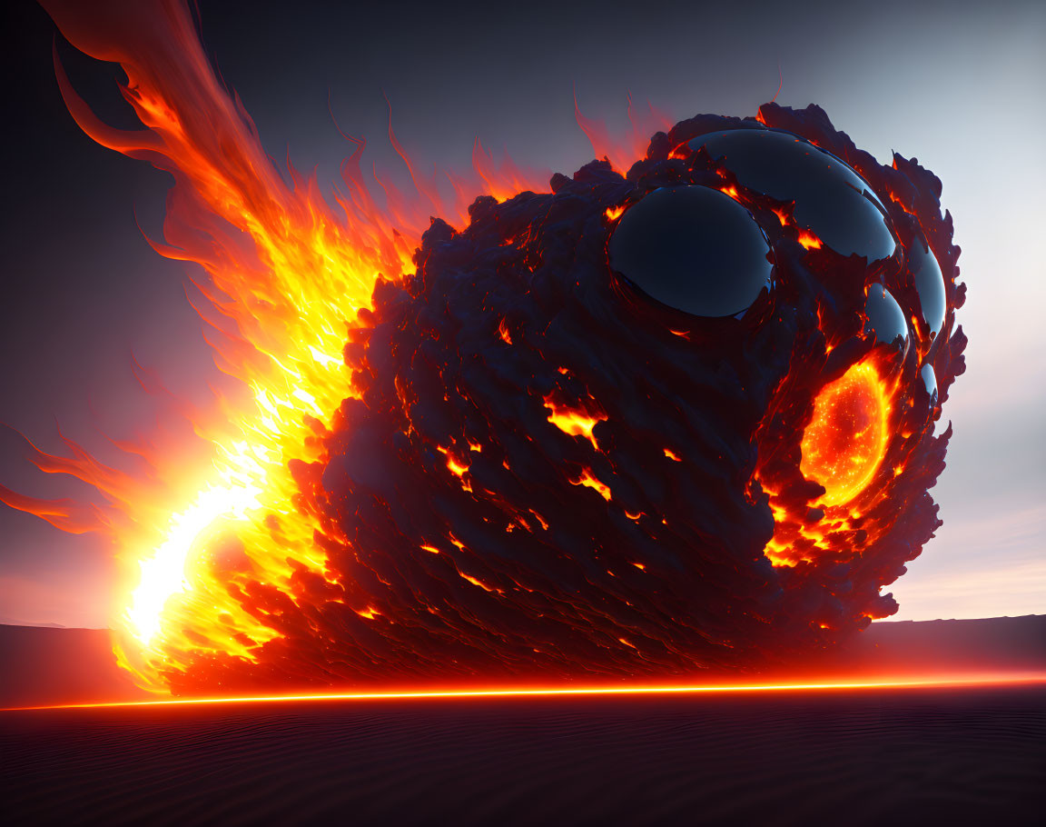 Fiery meteor crashing into barren landscape