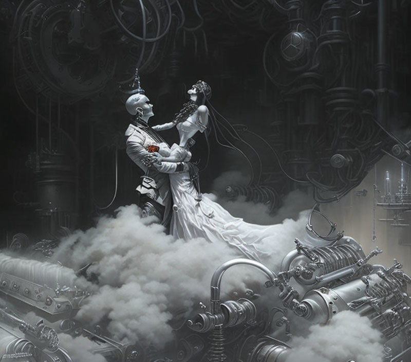 Steampunk-inspired artwork featuring humanoid robot and woman in bridal gown among industrial gears and mist