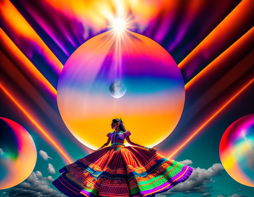 Colorfully dressed woman under surreal sky with giant bubbles and radiant sun