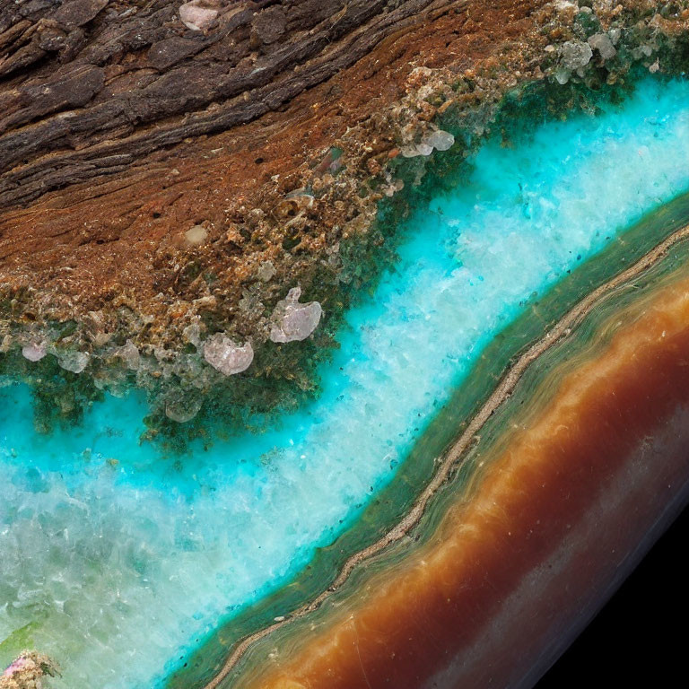 Vibrant banded gemstone with teal blue and brown layers and rugged wooden bark textures