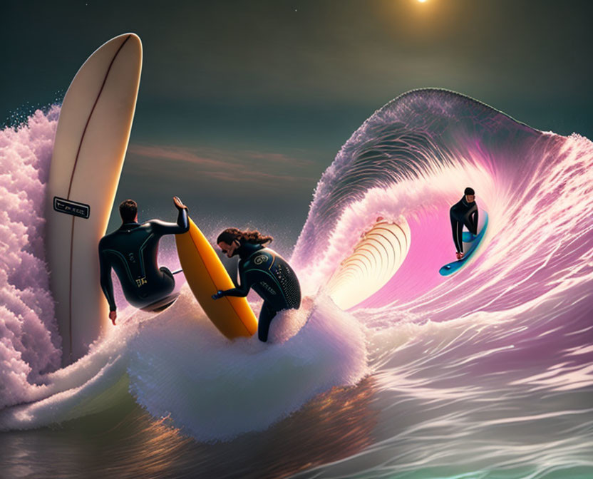 Three surfers on stylized surreal wave at dusk