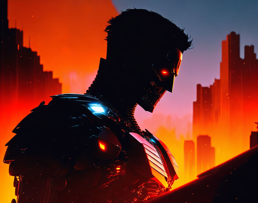 Futuristic cybernetic figure with glowing red eyes in neon-lit cityscape