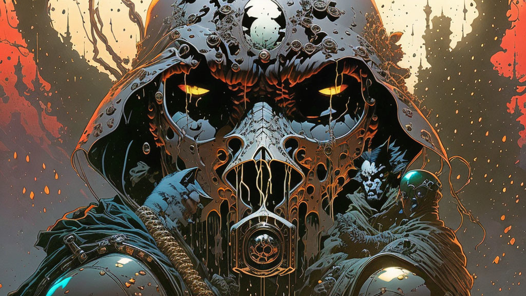 Detailed Illustration: Menacing Skull-Headed Figure in Ornate Armor with Glowing Eyes in