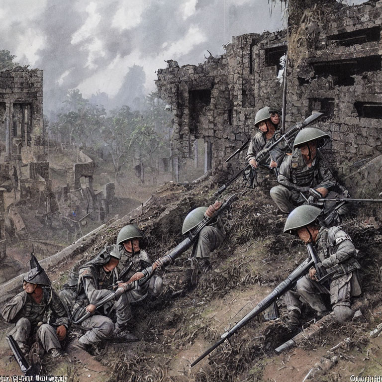 Military soldiers with rifles crouch in ruins amid war-torn landscape