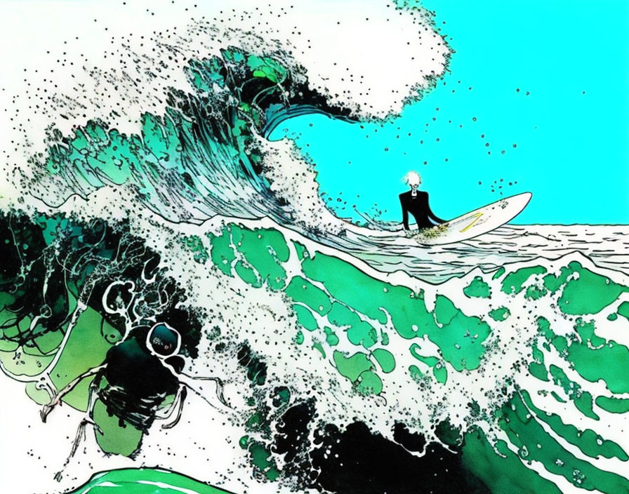 Stylized surfer illustration riding vibrant turquoise wave