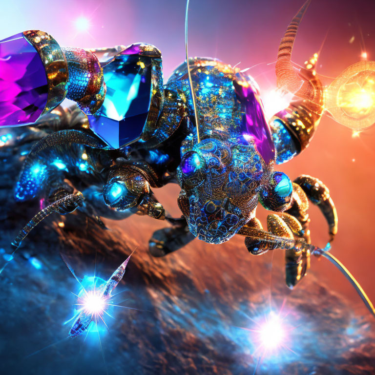 Fantastical ornate robot beetle with glowing accents on colorful background