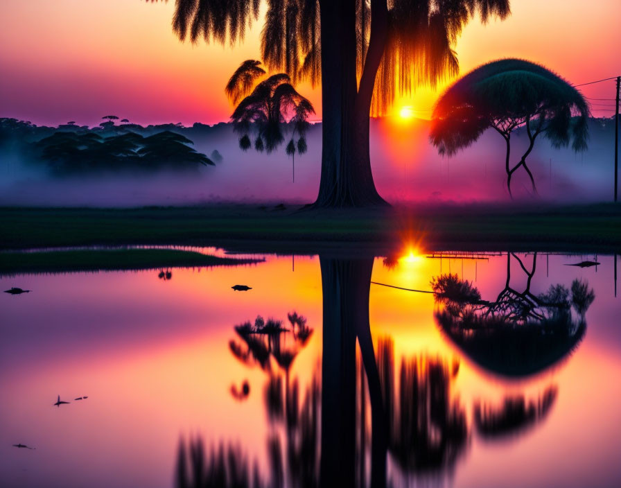 Vibrant Sunrise Colors Reflecting on Water with Tree Silhouettes