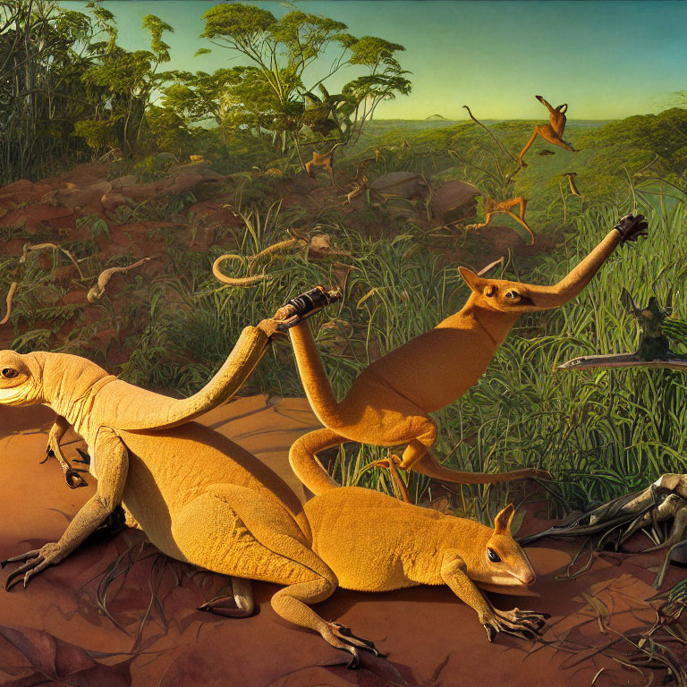 Prehistoric landscape painting with dinosaur-like reptiles amid lush greenery