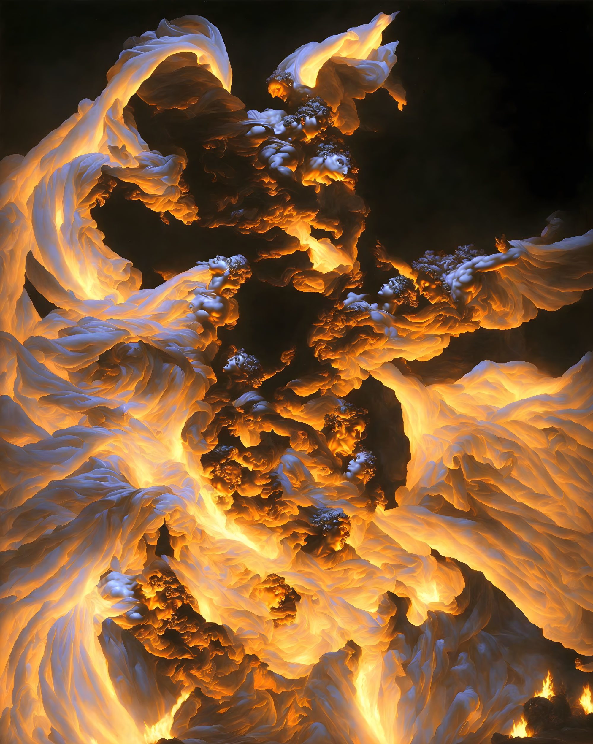 Vibrant flames swirl in bright oranges and yellows on a dark backdrop