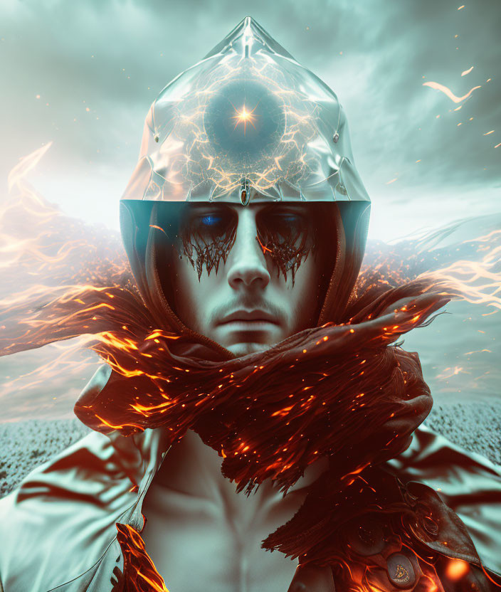 Reflective crystalline helmet and surreal fiery landscape portrait