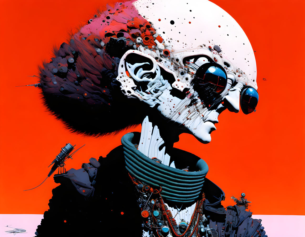 Skull with ornate headdress, aviator glasses, and neckpiece on vibrant orange backdrop