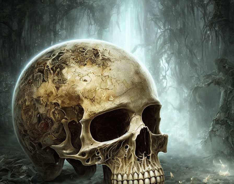 Aged skull in mystical light in dark forest