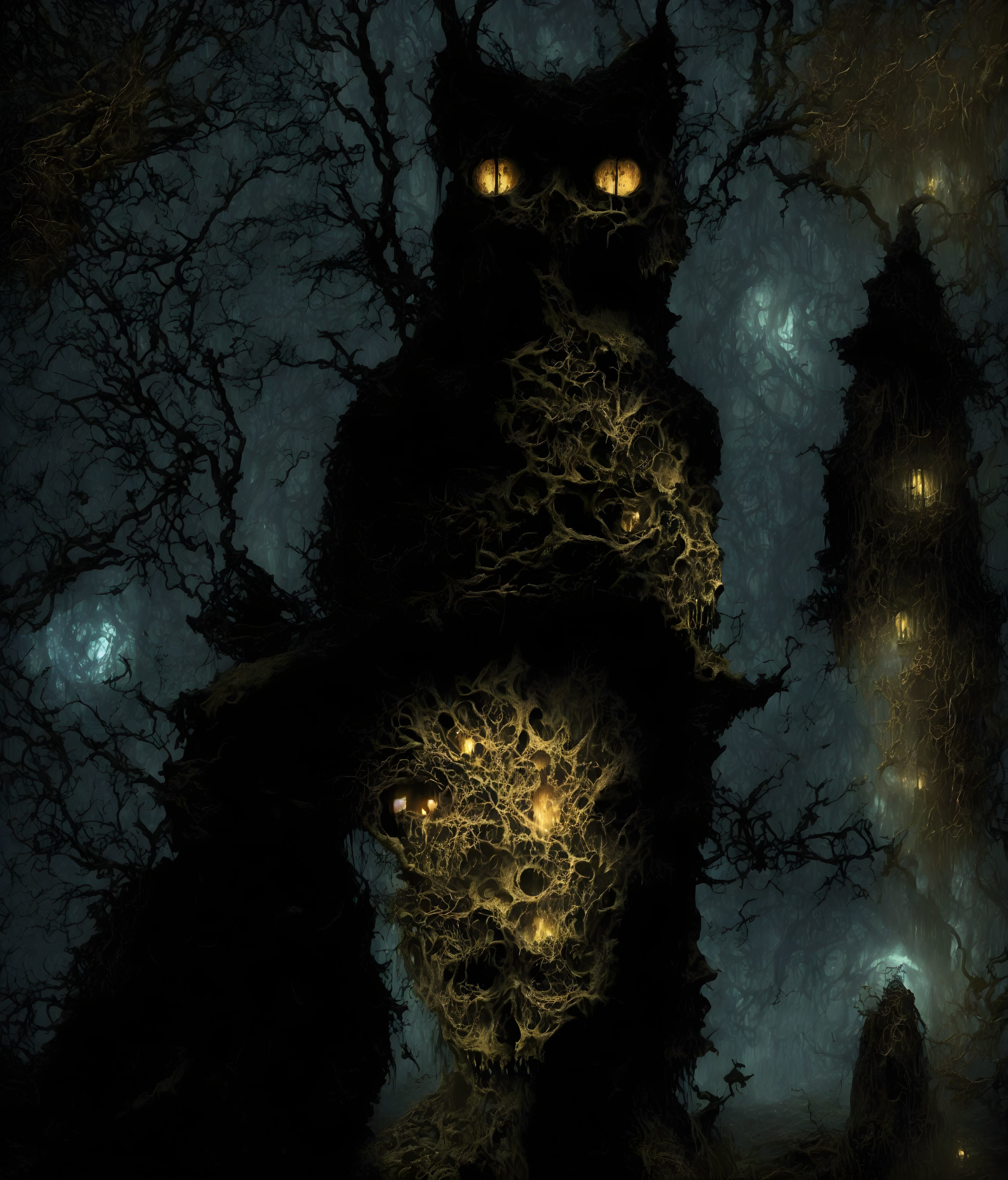 Sinister forest scene: twisted trees, glowing eyes, eerie ambiance