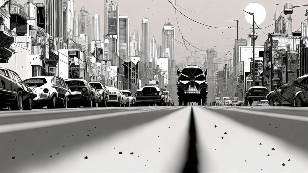 Empty road in monochromatic cityscape with futuristic buildings and person silhouette.