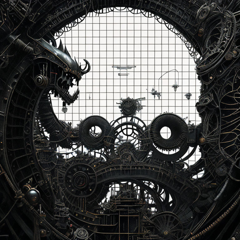 Detailed Steampunk Gear Structure with Blimps on Grid Background