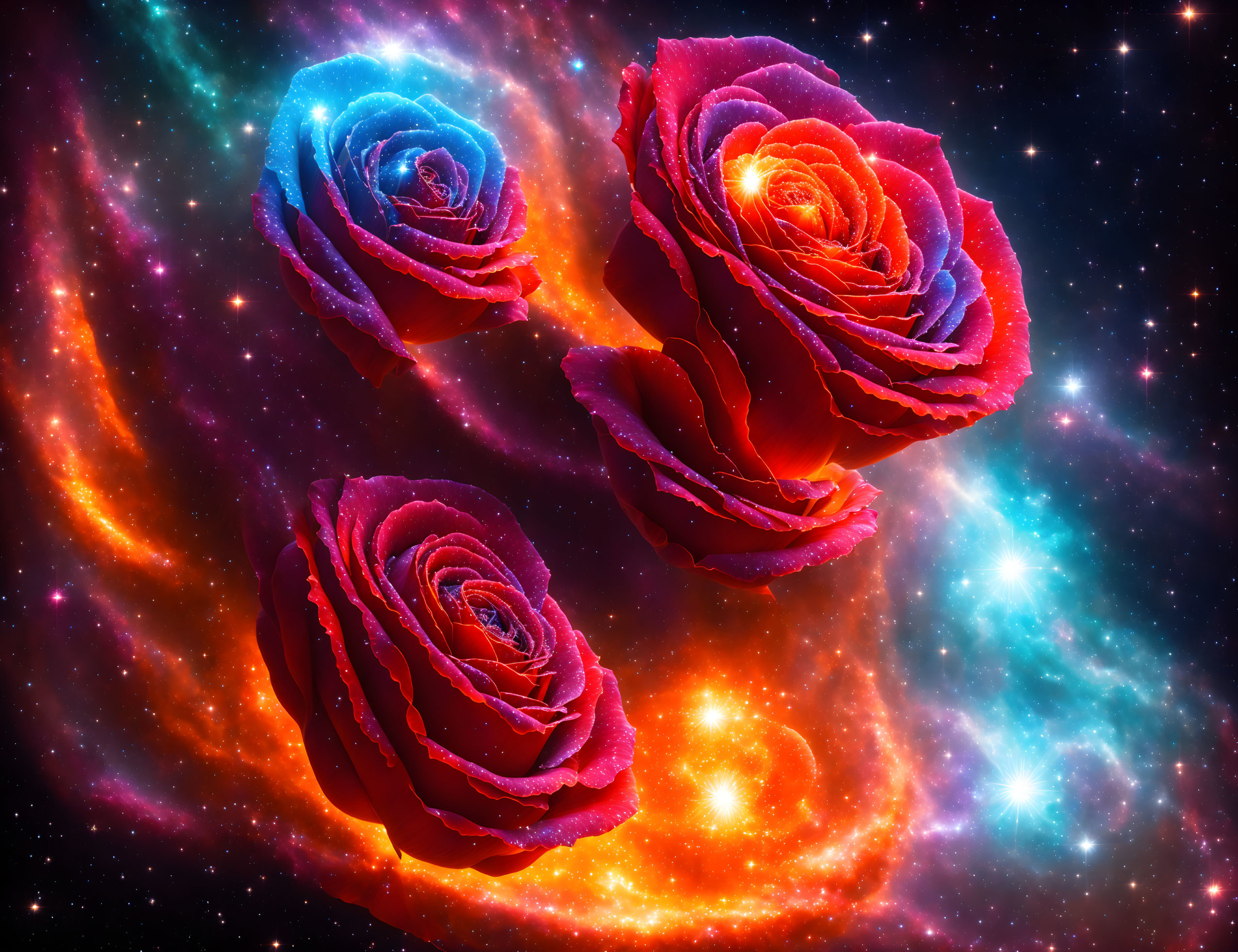 Colorful digital artwork: Three multicolored roses on cosmic background