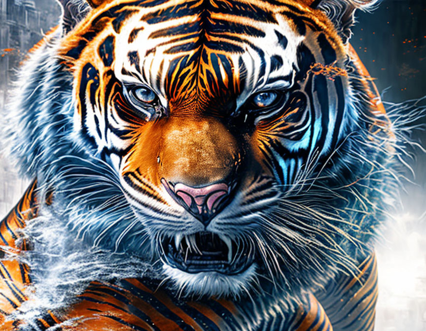 Intense close-up of snarling tiger in orange and black stripes on icy blue background