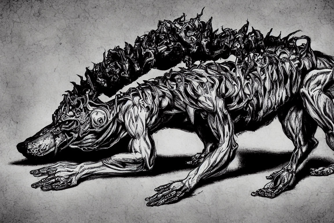 Monochrome drawing of skeletal, multi-headed canine creature