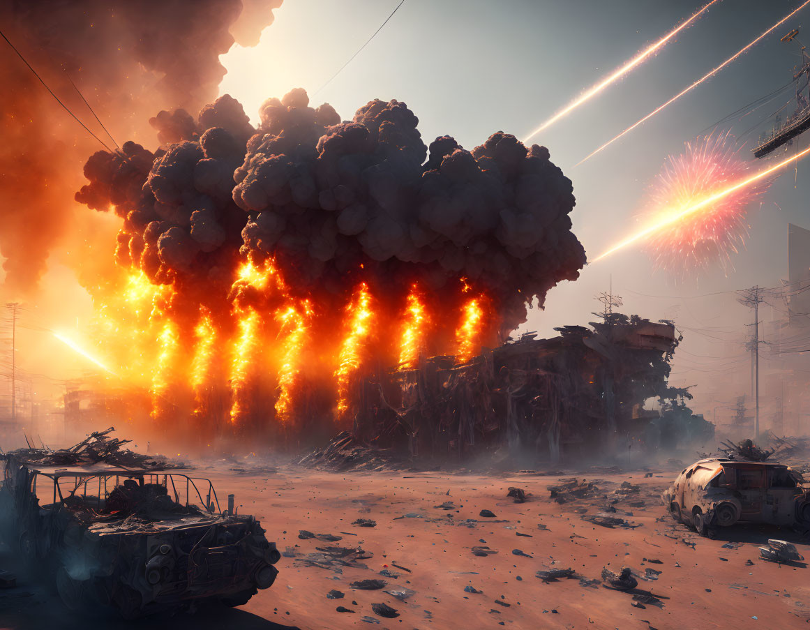 Dystopian landscape with fiery explosions and destroyed structures.