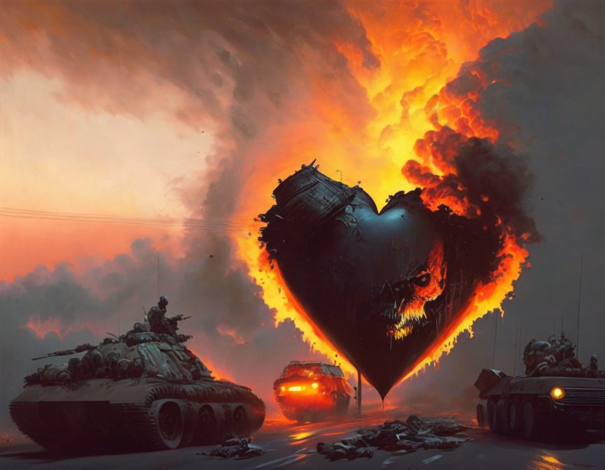 Tank convoy near heart-shaped structure in flames under dark sky