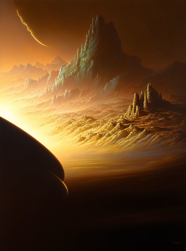 Majestic mountains under orange sky with celestial body.