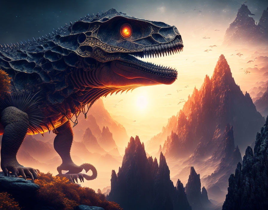 Majestic dragon on rocky terrain with glowing red eye, mountains, sunset sky