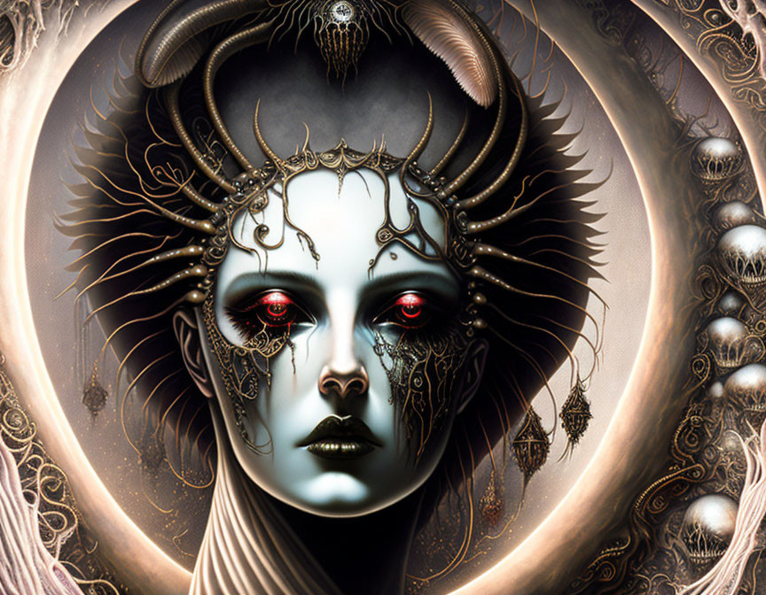 Fantasy artwork featuring woman with pale skin and red eyes surrounded by ornate metallic headdresses and mystical