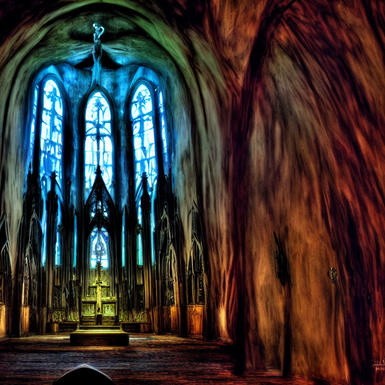 Church altar with stained glass windows and dramatic lighting amplifying religious ambiance