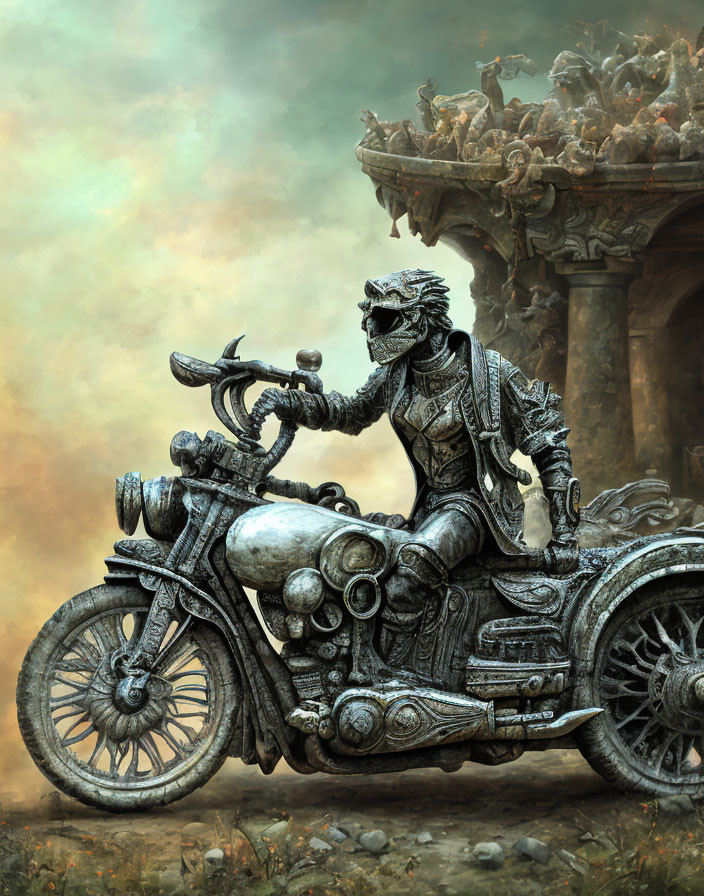 Vintage clothing wolf-headed figure on ornate motorcycle statue in architectural setting