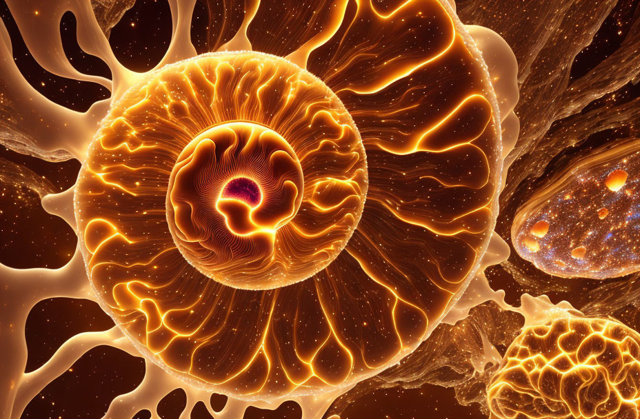 Detailed Digital Illustration of Glowing Biological Cells in Warm Hues