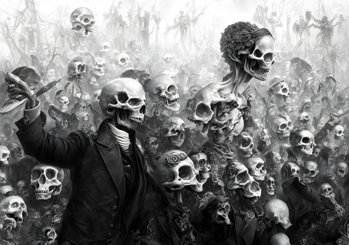 Monochromatic artwork with figure in coat among skulls and skeletal figures