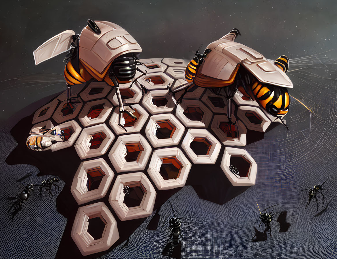 Robotic bees on hexagonal structure with ant-like robots, cosmic backdrop