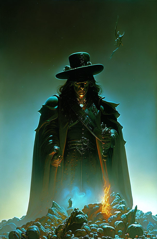 Mysterious figure in wide-brimmed hat surrounded by green flames and skulls