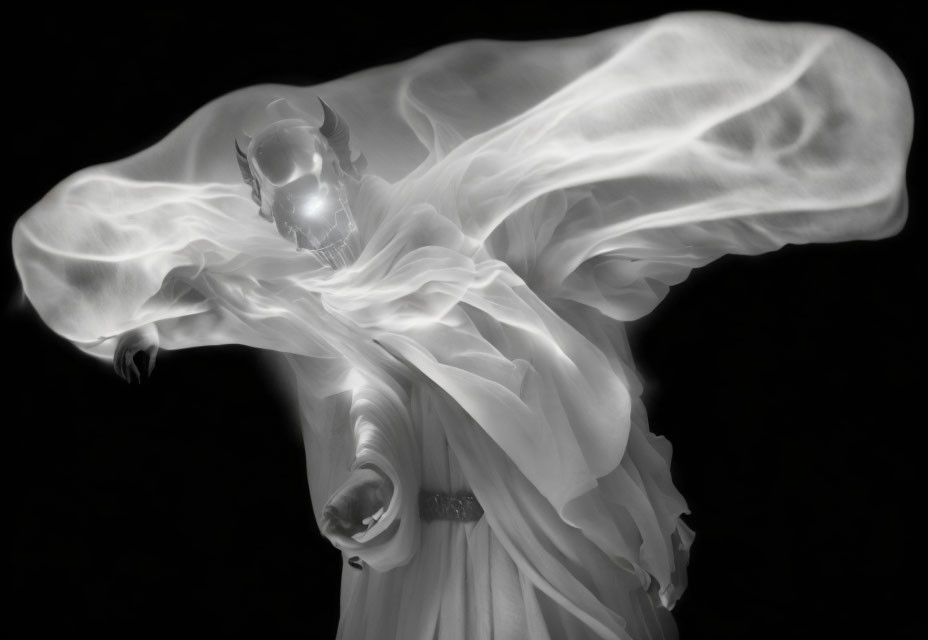 Monochrome skeletal figure in flowing white fabric on dark background