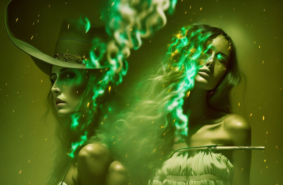 Two women surrounded by swirling green light in a mysterious setting