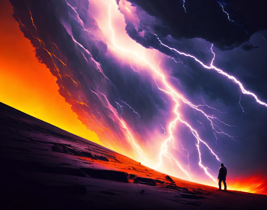 Person standing on desert dune under dramatic fiery sky with lightning