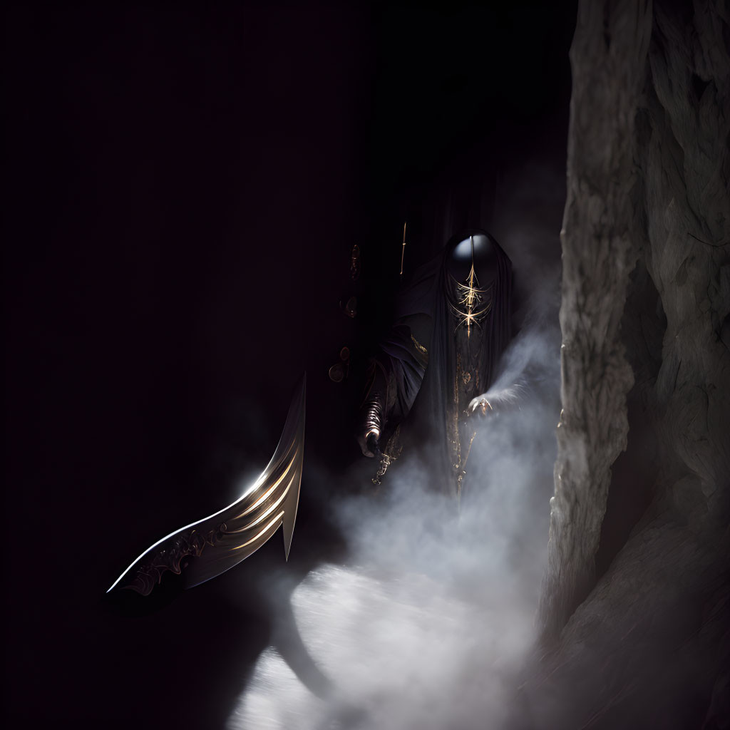 Dark-armored figure with curved sword in foggy cave.