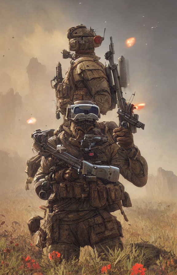 Futuristic soldier with advanced weaponry in battlefield scene