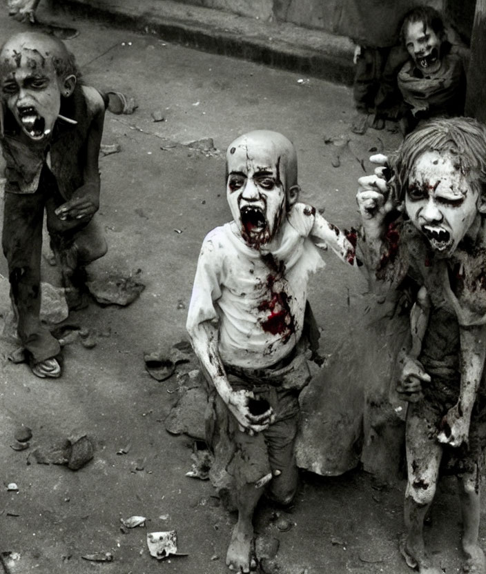 Monochrome image of children in zombie makeup with faux blood and torn clothes