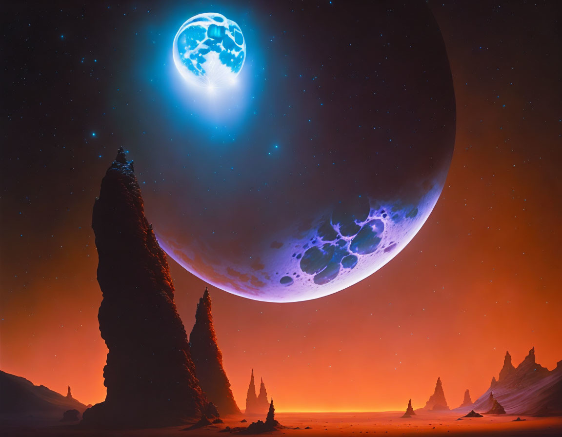 Sci-Fi Landscape with Giant Moon, Small Planet, and Ring System