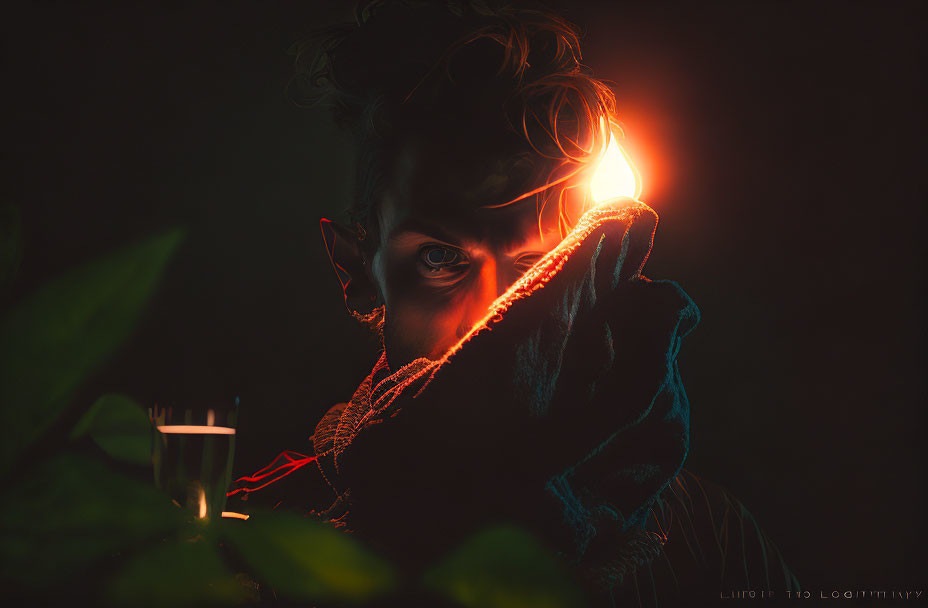 Person with striking eyes behind foliage in moody, dark ambiance with lit match.