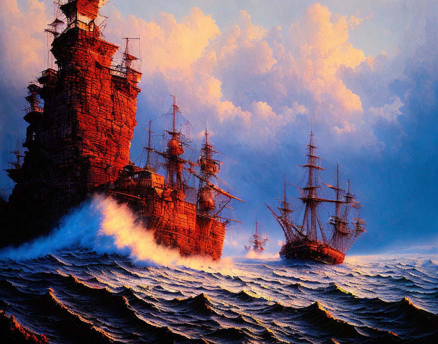 Historic sailing ships in stormy seas near massive rocky formation at sunset