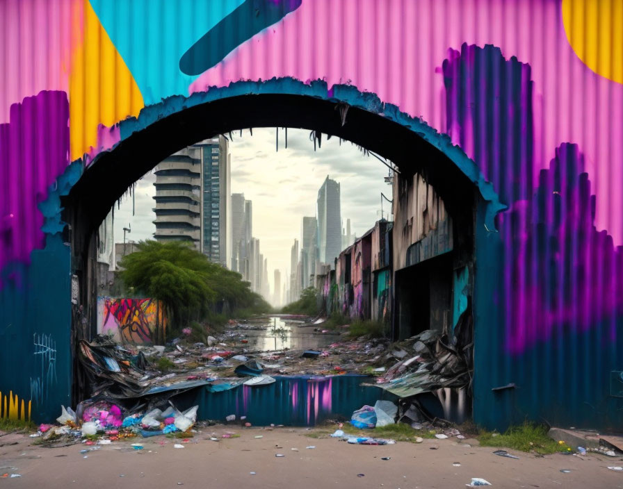 Colorful graffiti in abandoned urban area with debris and distant skyscrapers view.