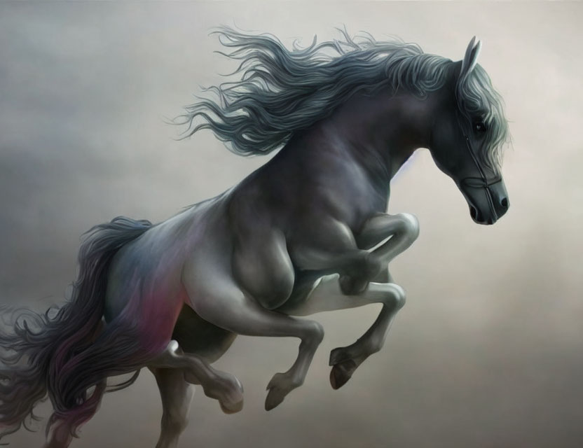 Gray horse with flowing mane and tail galloping gracefully against cloudy backdrop