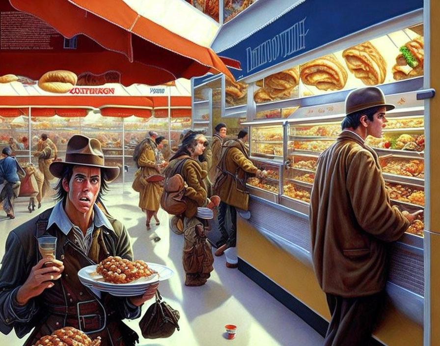 Vintage Bakery Painting with Patrons in Retro Attire and Bread Display