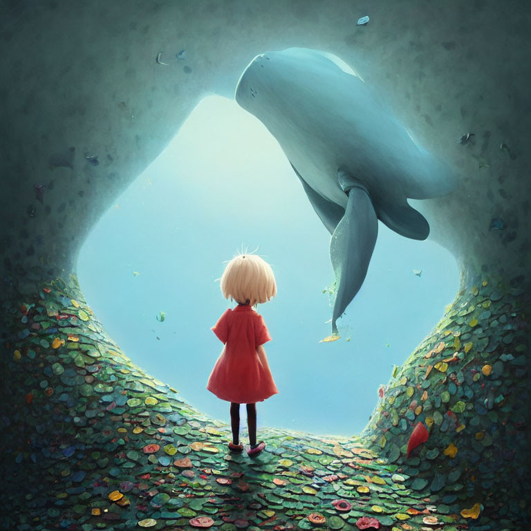 Young girl in red dress observes whale and fish in underwater scene